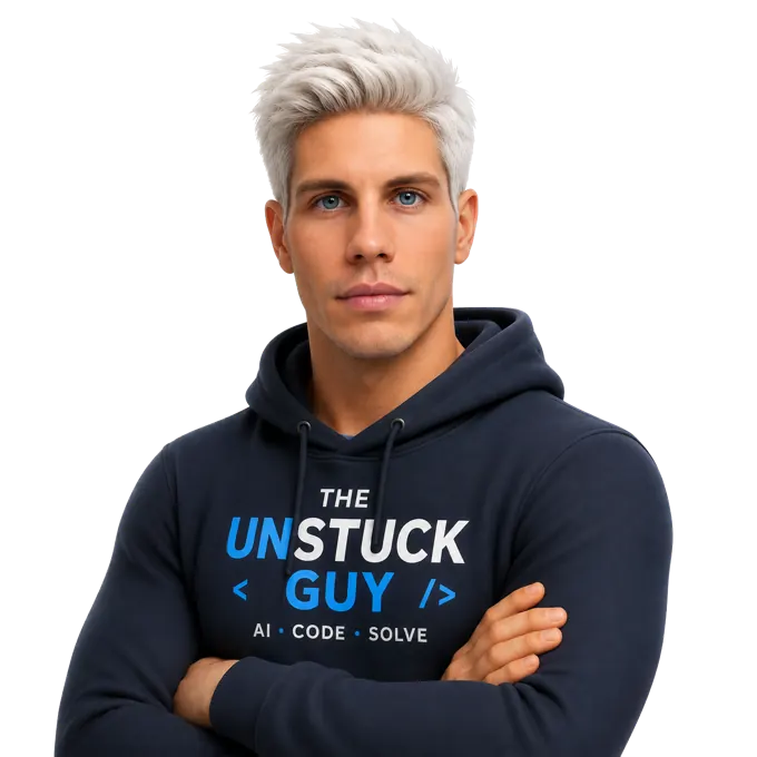 Francesco G. Lombardo, wearing a navy The Unstuck Guy hoodie, arms crossed